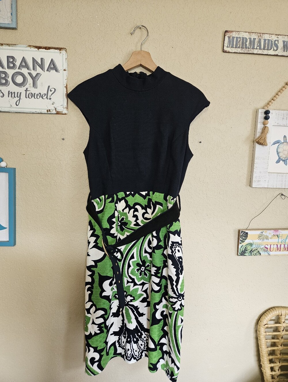 Milly New York Mock Neck Mixed Media Dress Green Black Paisley Floral A-Line